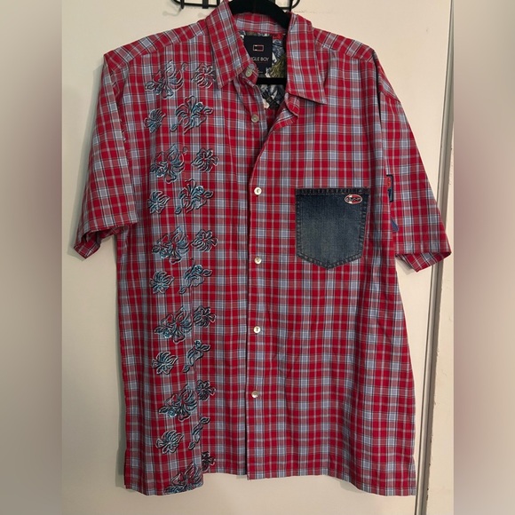 Y2K Bugle Boy Vintage Plaid Shirt Denim Pocket Button Up Red Blue Medium - Picture 1 of 13